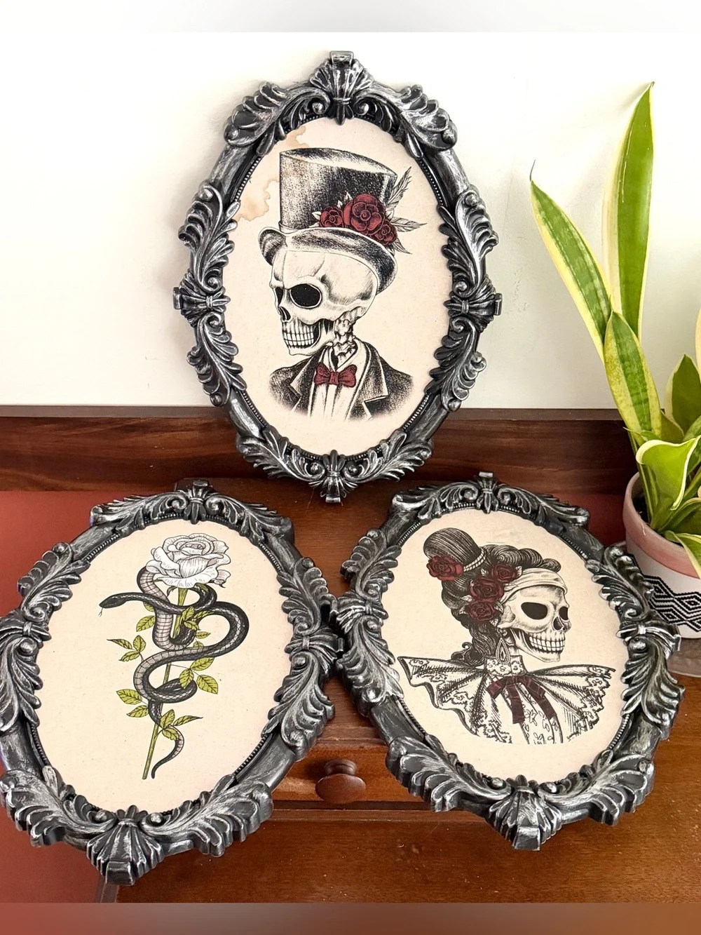 Victorian Framed Halloween Skeleton Man Woman Portait Snake Rose Spooky Wall Art